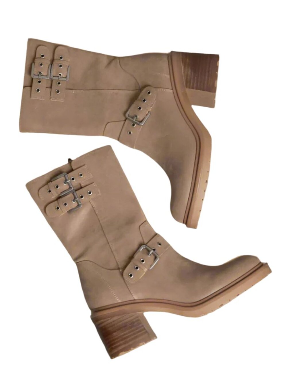 Size 6.5 Oasis Society Rider Block Heel Boots with Buckles, Taupe